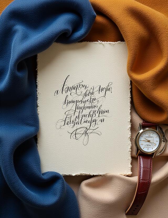 Moodboard met texturen van stoffen en kalligrafie kunst